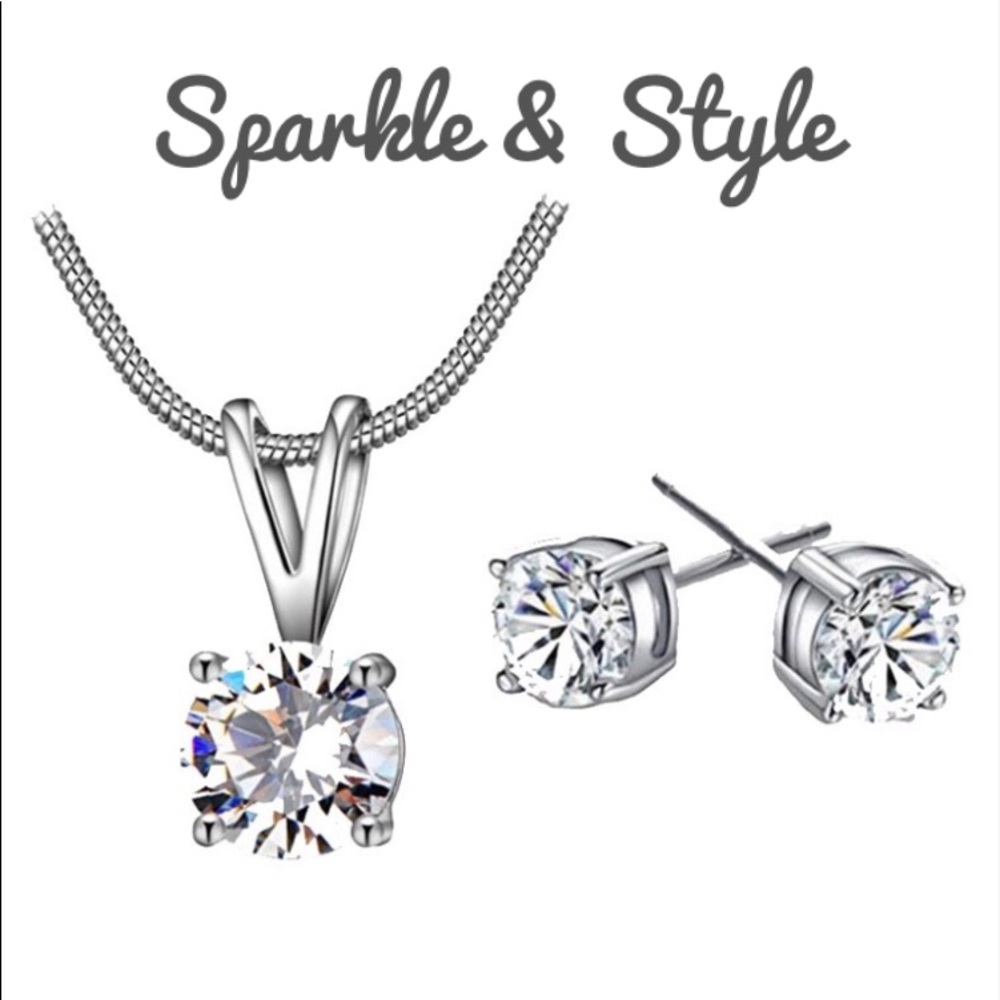 New Silver Diamond Earrings and Necklace Set